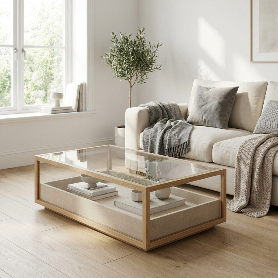 Lage houten salontafel met glazen blad in een lichte woonkamer met bank en kussens.