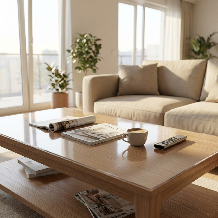 Transparante plexiglas tafelbeschermer op een houten salontafel in een lichte, moderne woonkamer met beige bank en decoratieve accessoires.