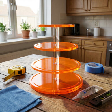 Fluor oranje plexiglas etagère met drie lagen en transparante buis in keuken.