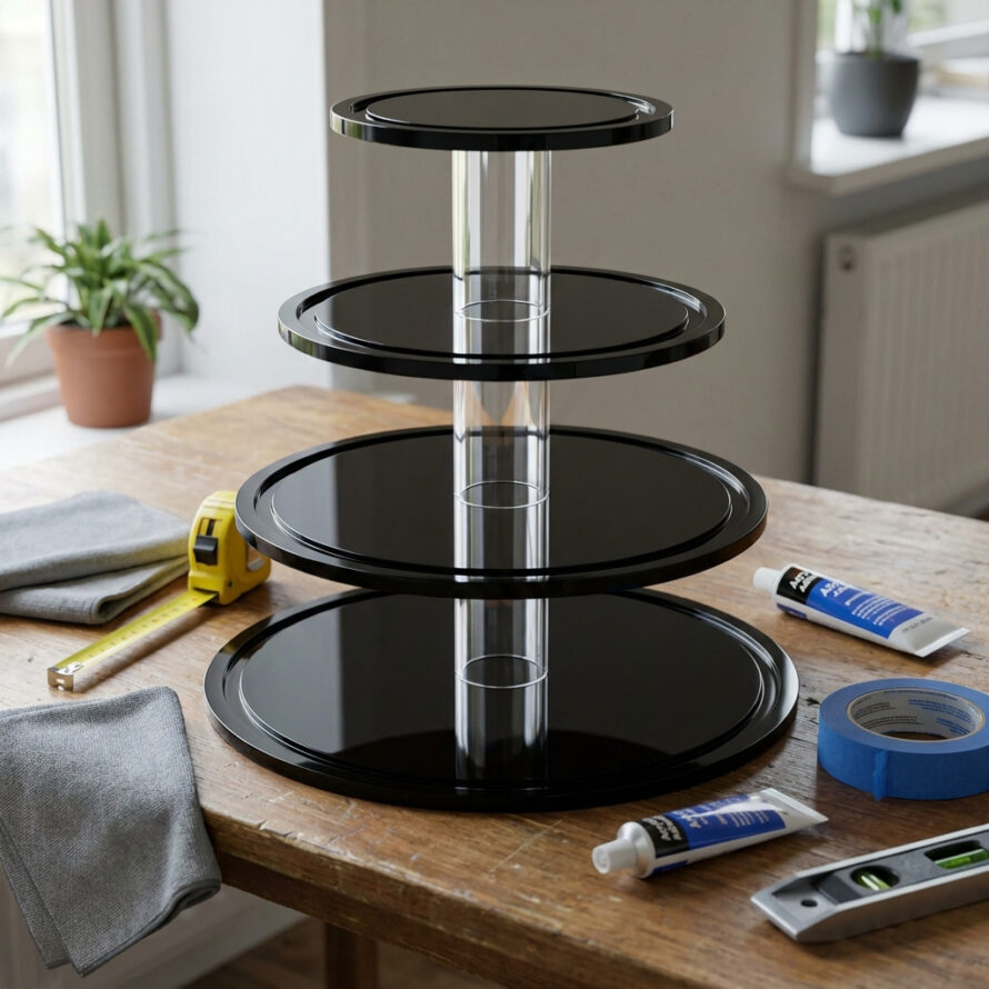 Zwarte plexiglas etagère met transparante centrale buis op houten tafel in DIY setting.