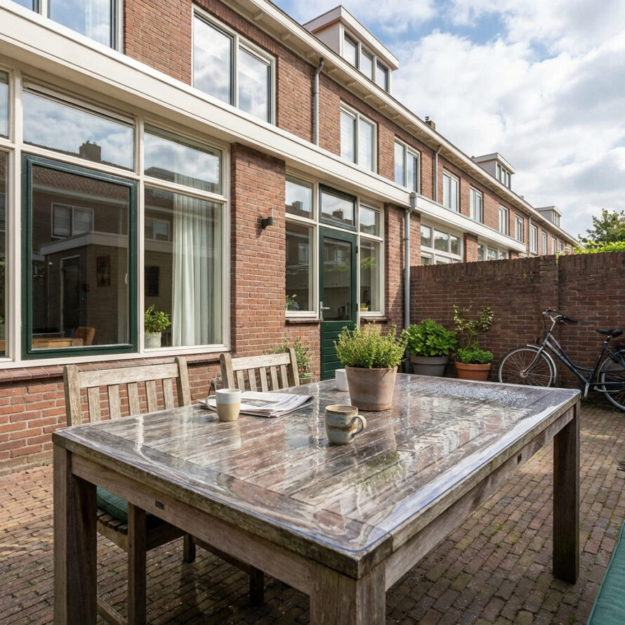 Plexiglas tafelbeschermer op buitentafel in Nederlandse achtertuin, beschermt tegen vocht en vuil