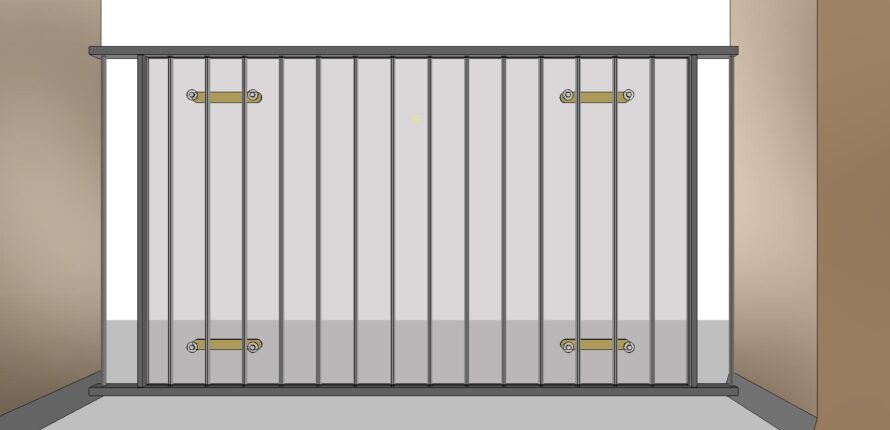 Balustrade met smalle verticale spijlen en bovenregel