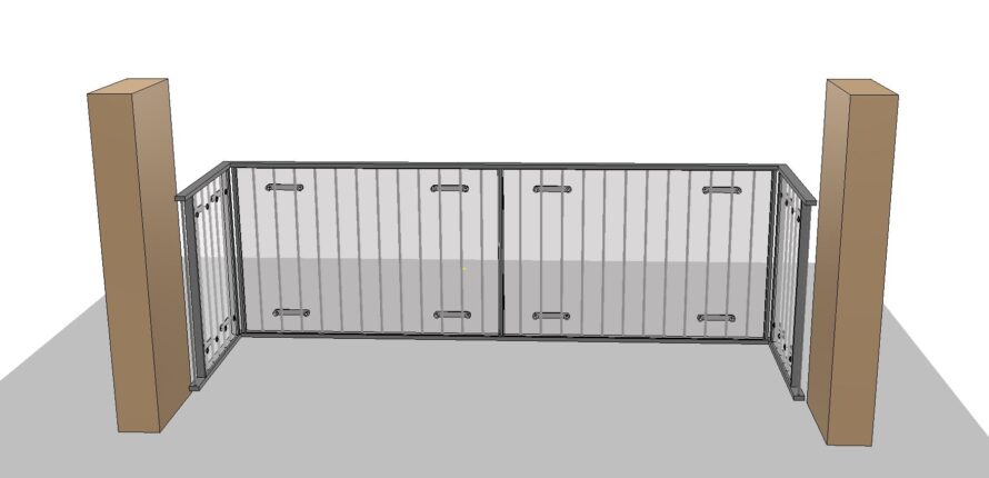 Lage balustrade met verticale spijlen tussen twee liggers.
