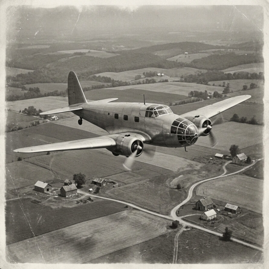 Zwart-witluchtfoto van een militair vliegtuig dat bommen afwerpt boven een landelijk gebied.