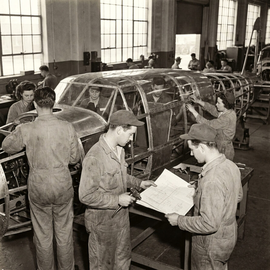Zwart-witfoto van fabrieksarbeiders die samenwerken rond een groot metalen frame in een werkplaats, terwijl één persoon aantekeningen maakt op een clipboard.