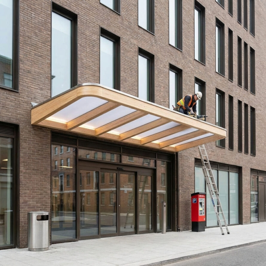 Moderne entree met houten overkapping en transparante polycarbonaat panelen boven glazen deuren van een gebouw.