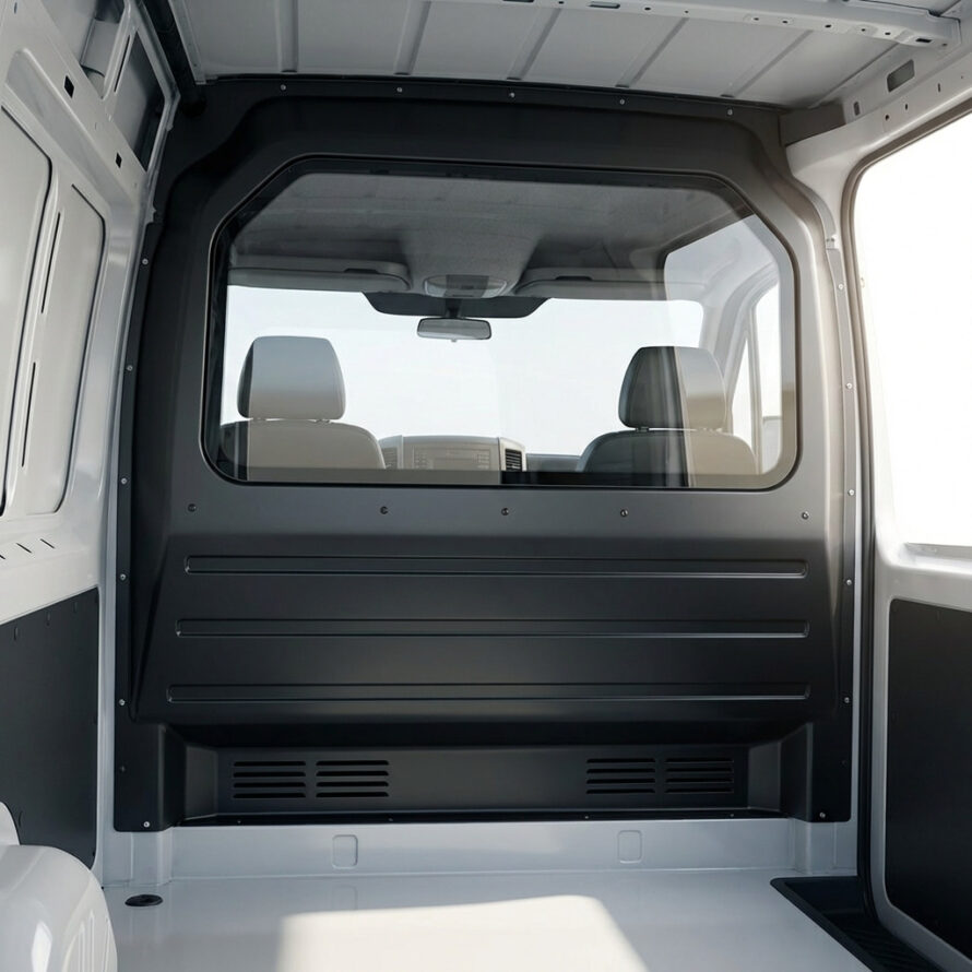 Tussenschot met raam gemonteerd in moderne bestelbus