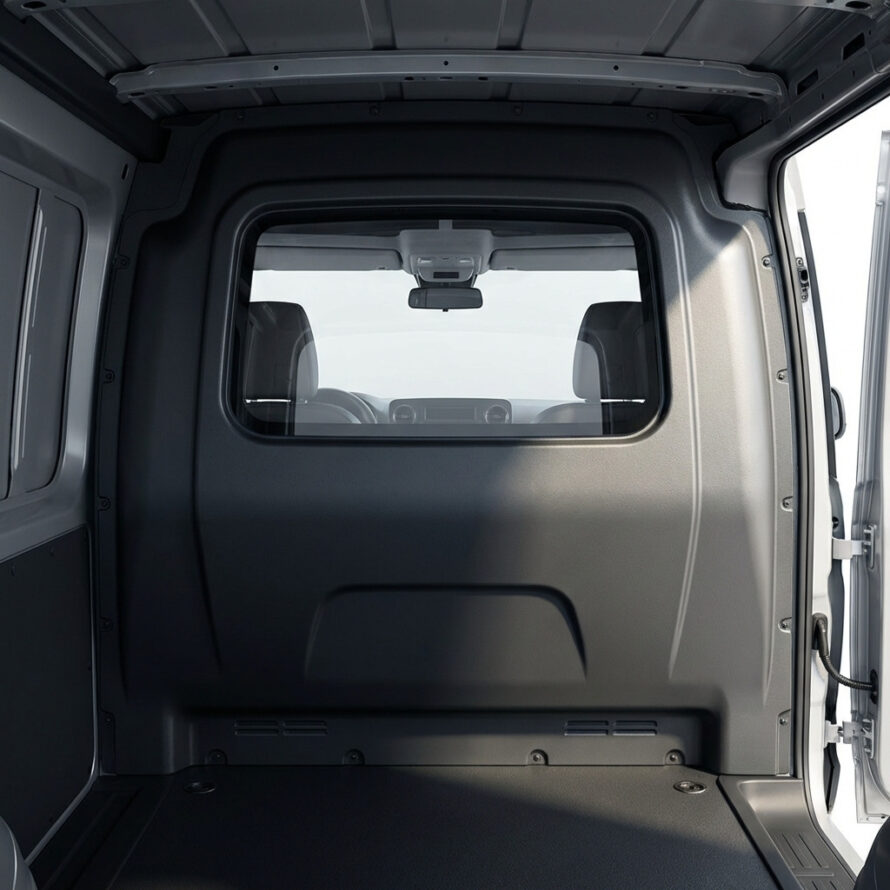 Donker interieur van bestelbus met tussenschot en geïntegreerd raam