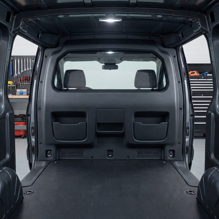 Binnenzijde van bestelbus met tussenschot en raam achter cabine