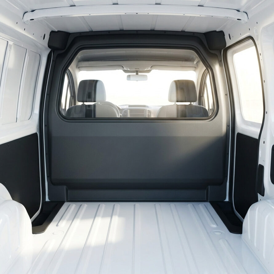 Tussenschot met polycarbonaat raam in laadruimte van bestelbus