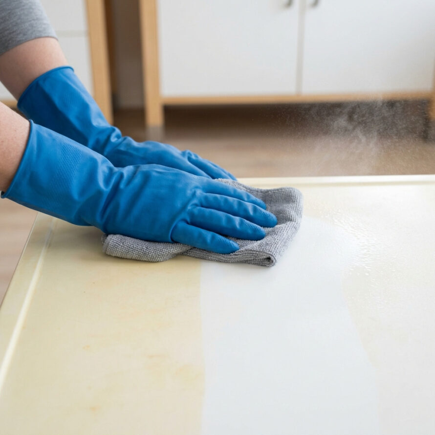 Schoonmaken van vergeeld kunststof werkblad met beschermende handschoenen