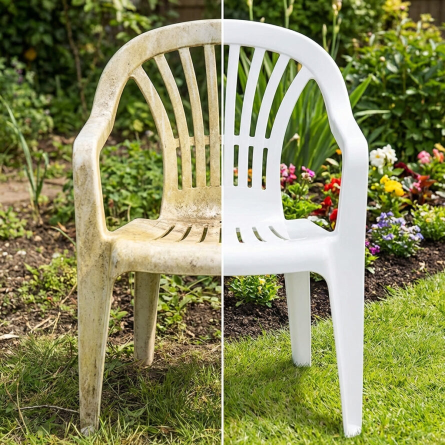 Witte kunststof tuinstoel met groene aanslag op grasveld