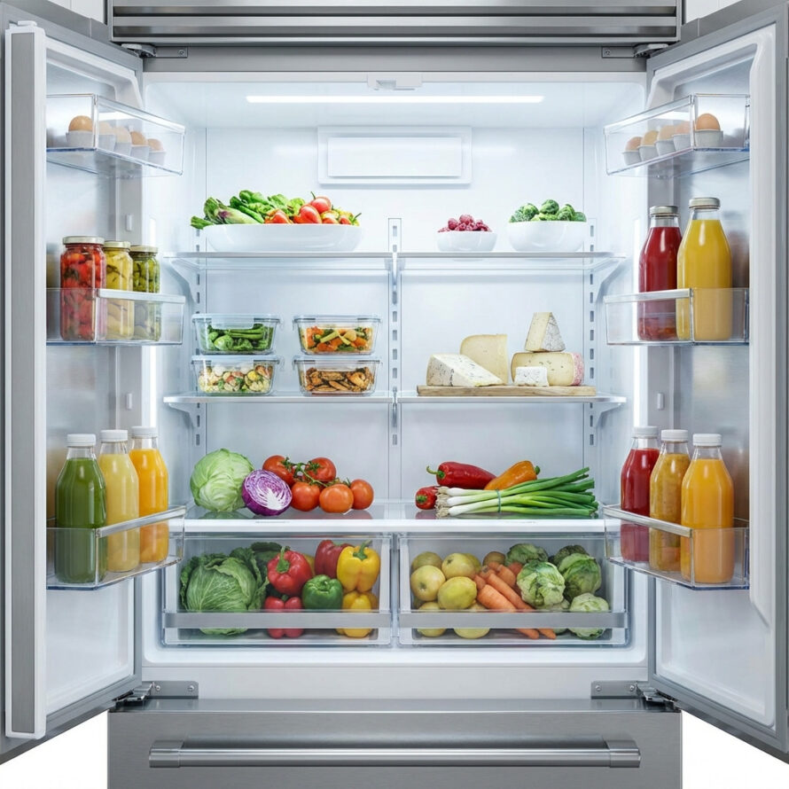 Overzicht van een georganiseerde koelkast met transparante planken en verse producten