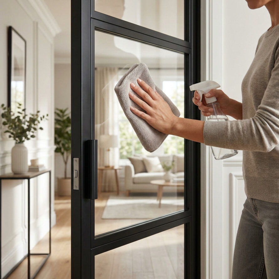Persoon reinigt plexiglas deur met microvezeldoek in modern interieur