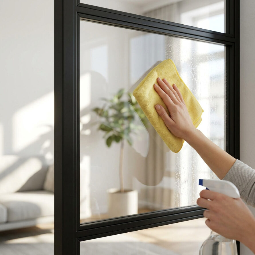 Hand die plexiglas ruit in zwarte deur schoonmaakt met doek en spray