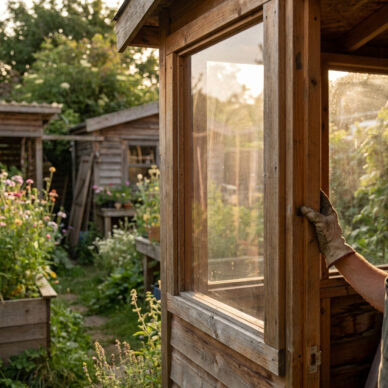 Tuinhuis met groot helder raam van plexiglas, uitzicht op een groene tuin in zonlicht.