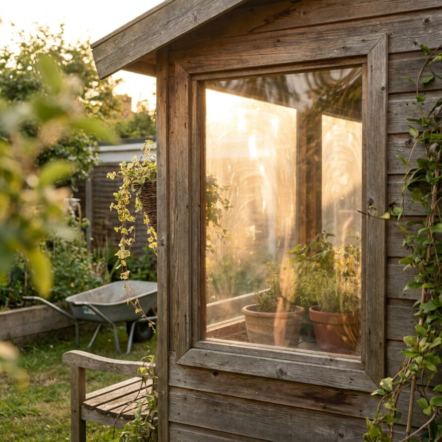 Houten tuinhuis met groot helder plexiglas raam, uitzicht op groene tuin en terras in warm zonlicht.