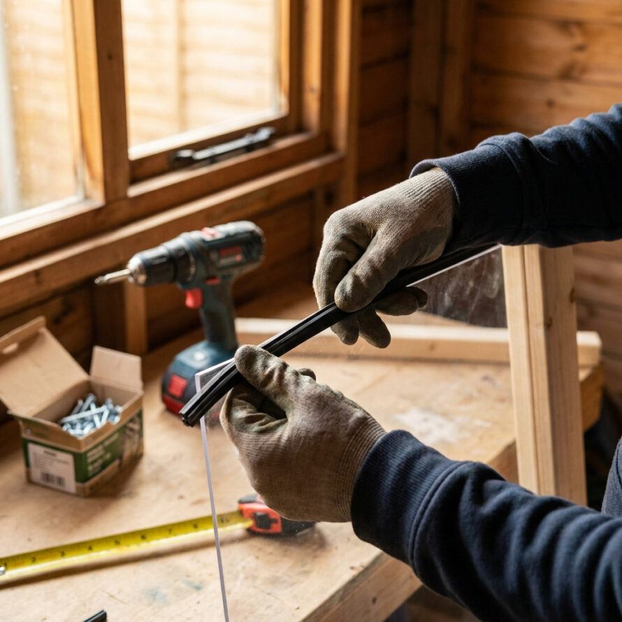Close-up van handen die een polycarbonaat plaat bevestigen met schroeven en gereedschap in een werkplaats.