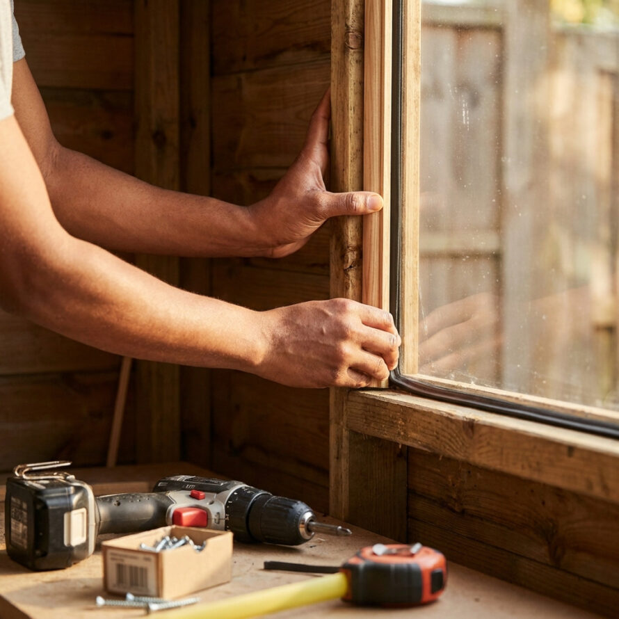 Man monteert een plexiglas raam in een houten tuinhuis met gereedschap op de vensterbank.
