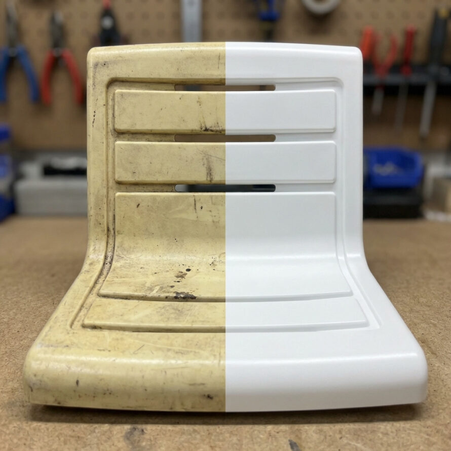 Verkleurd plastic apparaat deels gereinigd (voor/na).