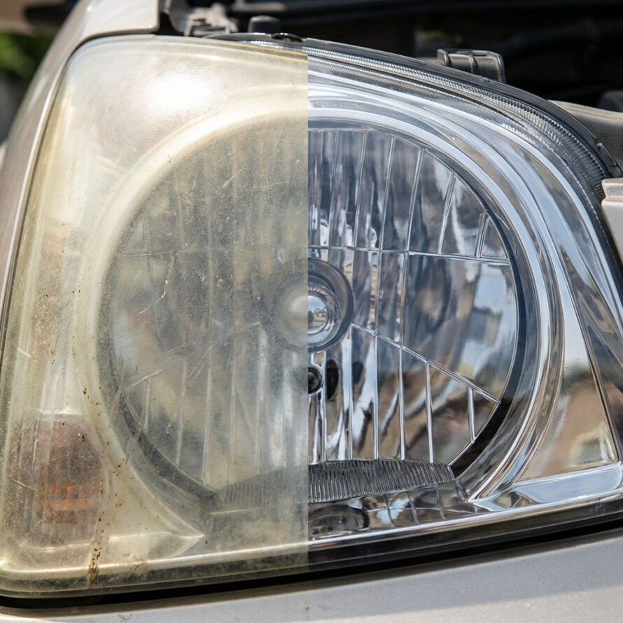 Autokoplamp half gepolijst, helft nog dof (voor/na effect).