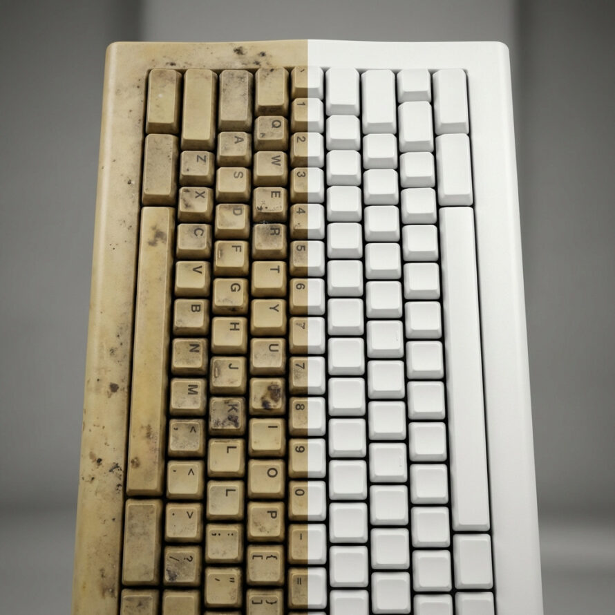 Vergelijking van vergeeld en gereinigd toetsenbord (voor en na).