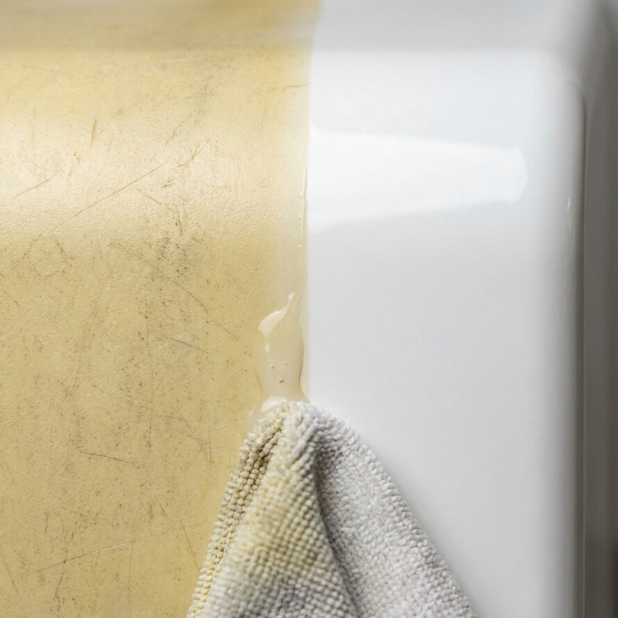 Doek veegt een gereinigd plastic oppervlak schoon.