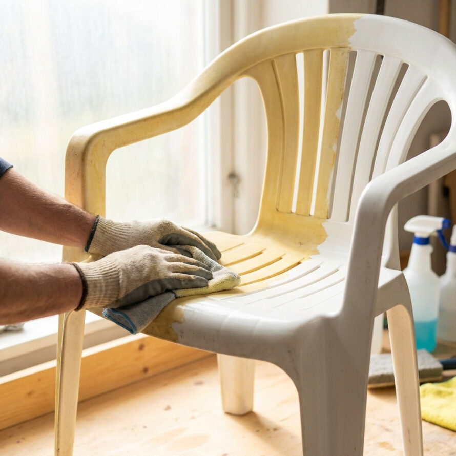 Persoon schuurt een vergeelde plastic stoel met schuurpapier.