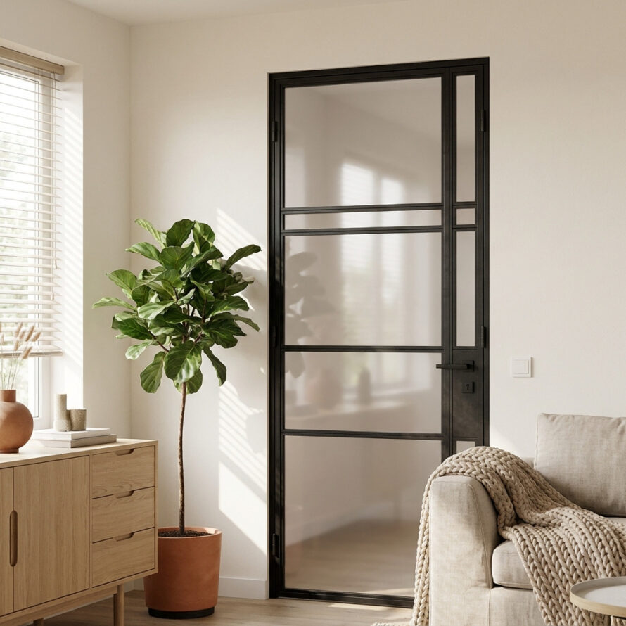 Openstaande zwarte deur met plexiglas in lichte woonkamer met planten