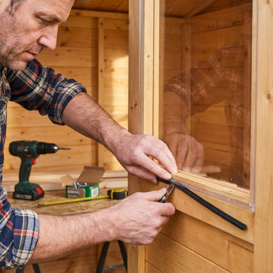 Man monteert een plexiglas raam in een houten tuinhuis met behulp van glaslatten.