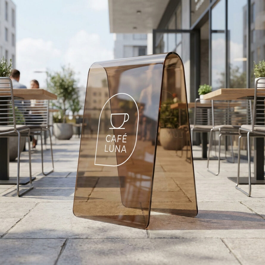 Bruin transparant A-bord met wit logo voor een horecagelegenheid.
