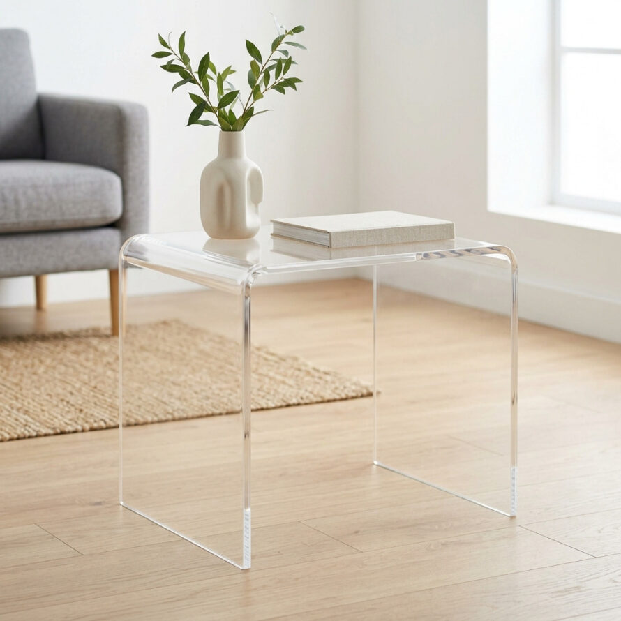 Transparante acryl bijzettafel in een lichte woonkamer met een vaas en droogbloemen erop.
