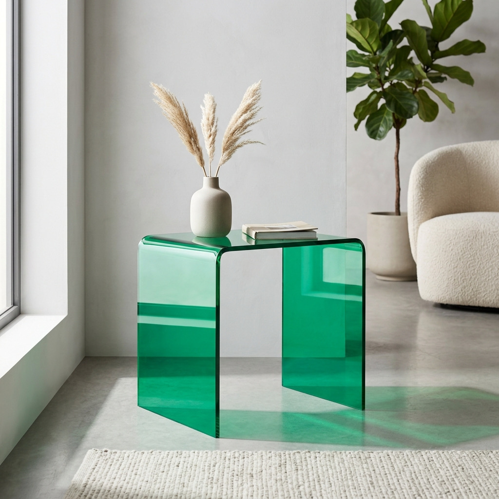Groene transparante acryl bijzettafel in een lichte woonkamer, gestyled met een vaas en droogbloemen.