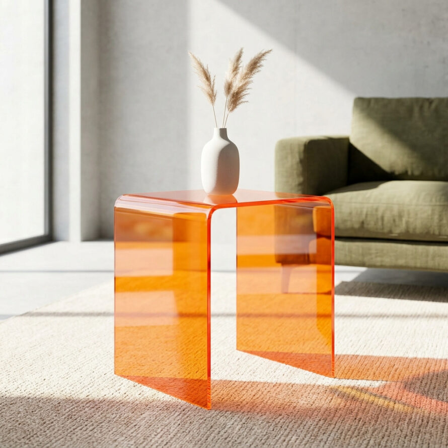 Oranje transparante acryl bijzettafel in een moderne woonkamer met een decoratieve vaas.
