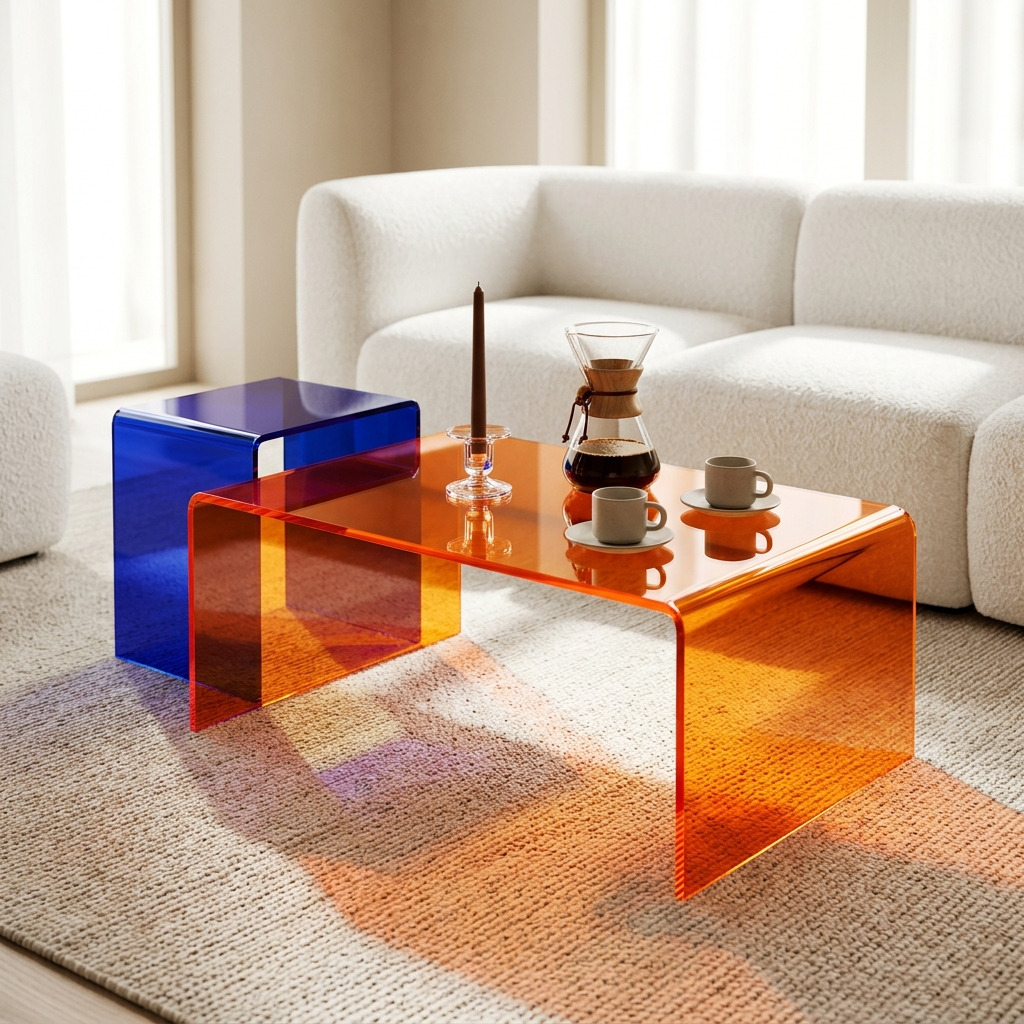 Transparante oranje en blauwe plexiglas salontafels in een modern interieur met een lichte bank.