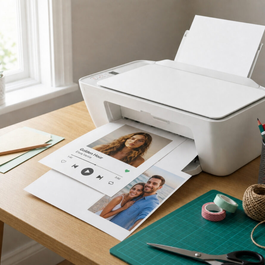Foto wordt afgedrukt met een printer. Op tafel liggen een schaar, meetlint en andere knutselmaterialen.