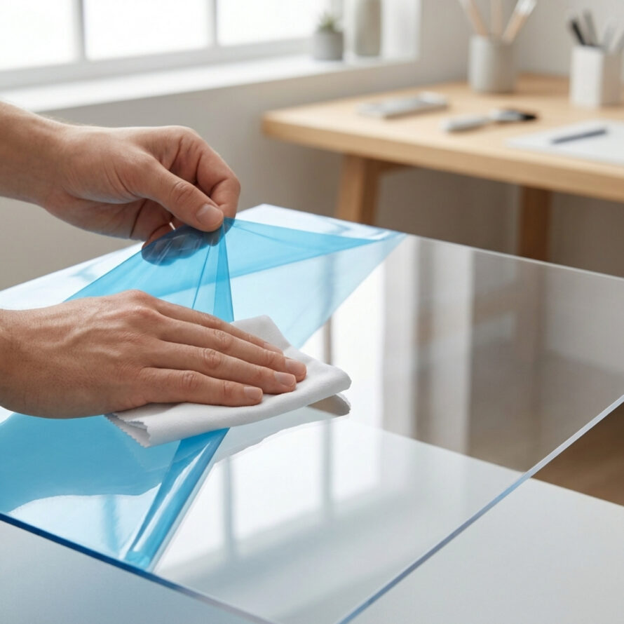Persoon plaatst een transparante fotohouder op een glazen tafel in een lichte woonkamer.