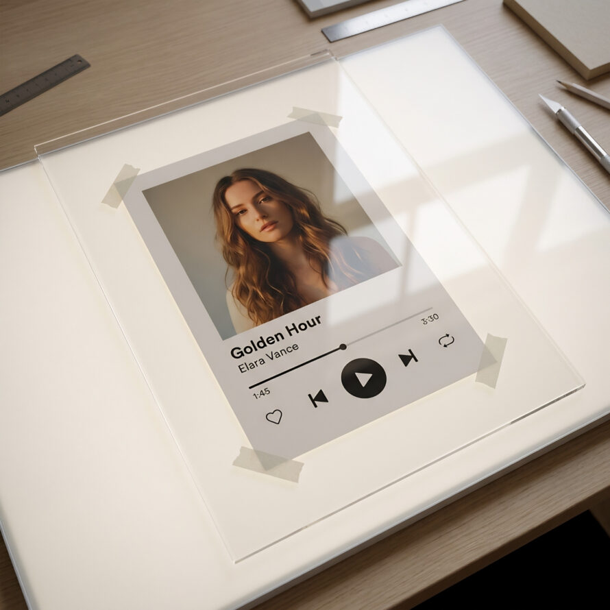 Afgewerkte transparante fotohouder met foto en muziekspeler-ontwerp ligt op een houten tafel in het zonlicht.