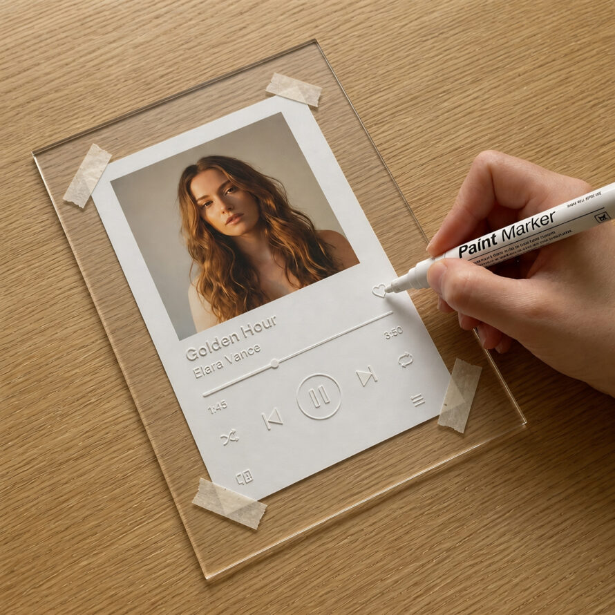 Persoon schrijft of tekent een persoonlijke boodschap op een transparante fotohouder met een witte marker.