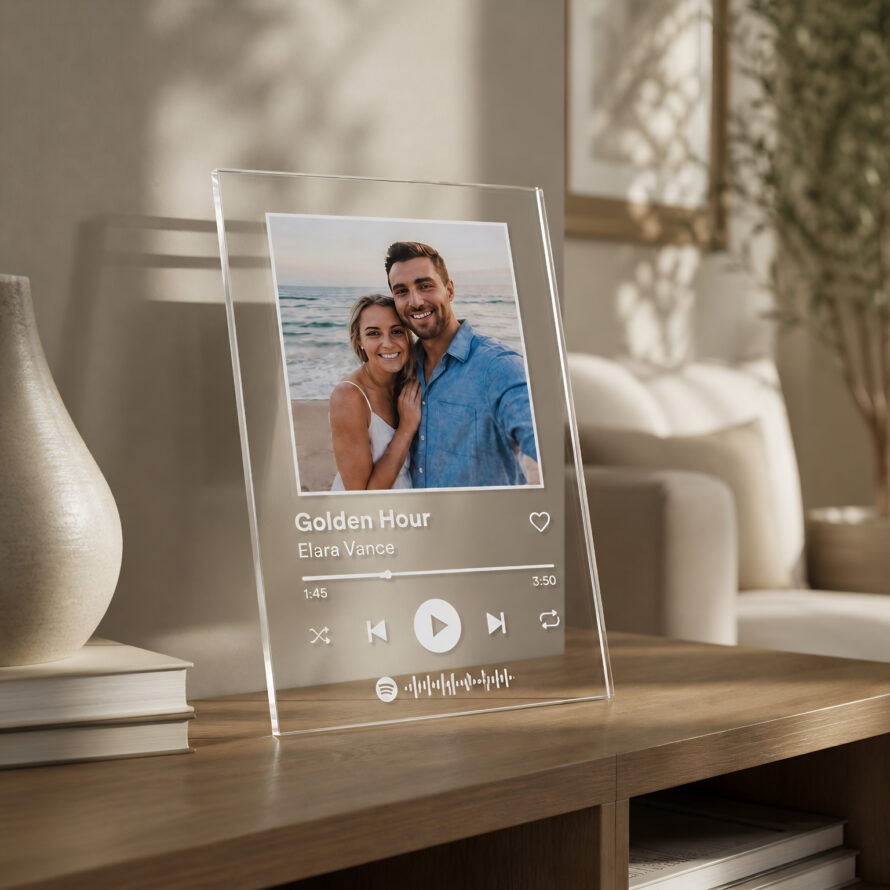 Transparante fotohouder met foto staat rechtop op een tafel. Doorzichtige elementen creëren een zwevend effect.