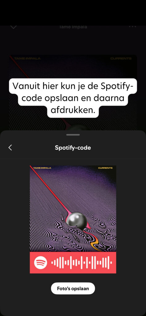 Screenshot van het scherm ‘Spotify-code’. Een tekstballon legt uit dat je vanaf dit scherm de Spotify-code kunt scannen of afdrukken.