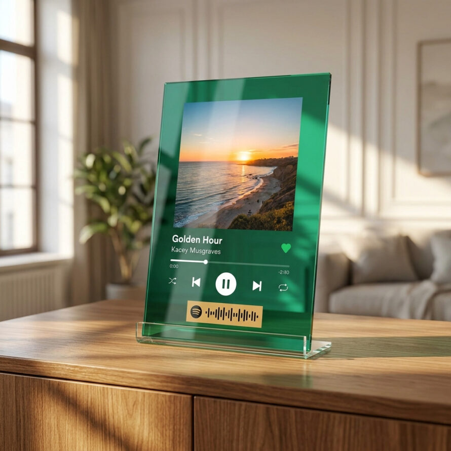 Premium Spotify Glass acrylplaat in transparant groen acryl met natuurfoto, muziekspelerdesign en Plexiglas houder in een stijlvolle woonkamer.