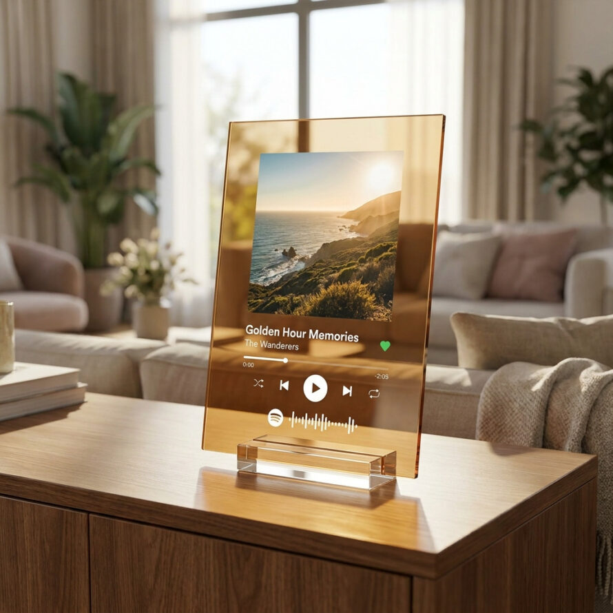 Gepersonaliseerde Spotify Glass muziekplaat in goudkleurig amber acrylglas met landschapsfoto en Spotify-interface op een houten meubel.