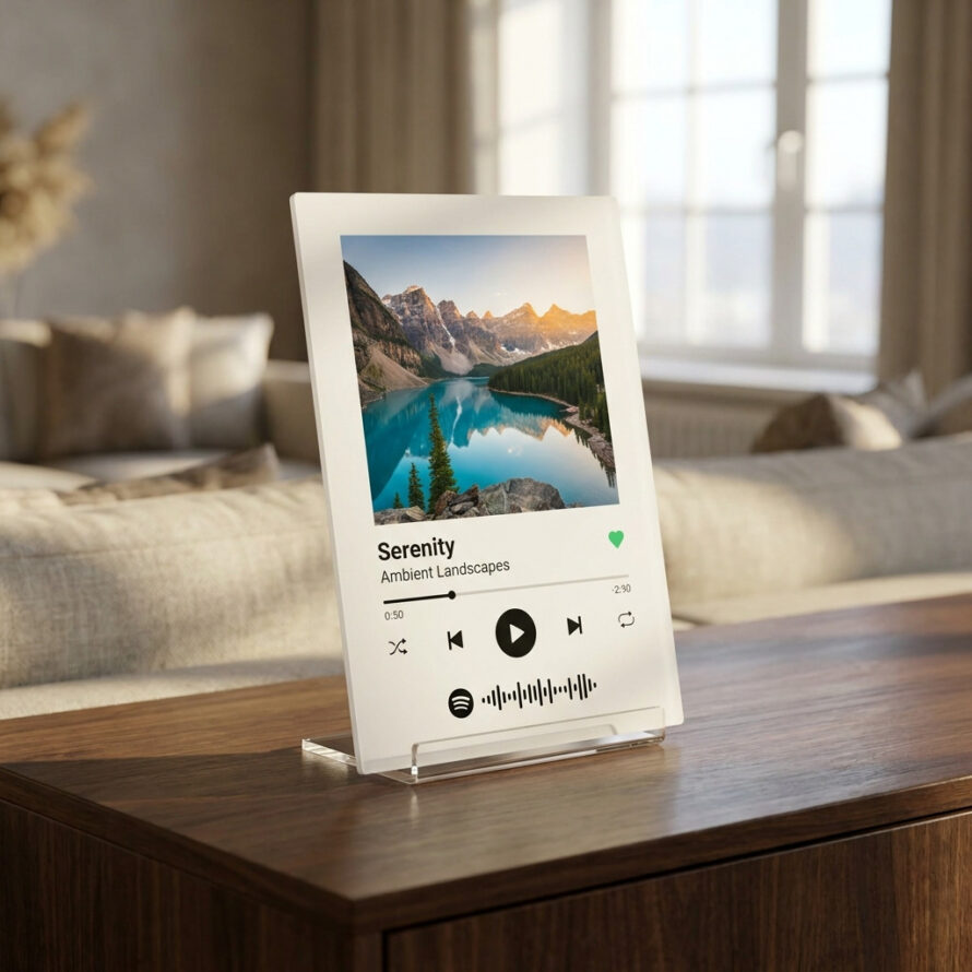 Luxe Spotify Glass fotoplaat in helder wit acryl met reisfoto, Spotify-code en transparante Plexiglas standaard in een modern interieur.