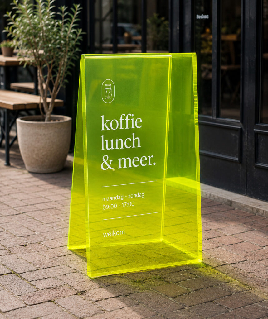Fluorgeel transparant A-bord met witte typografie op een trottoir.