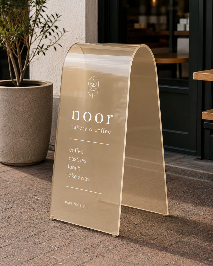 Beige A-bord met witte tekst voor een winkelentree.
