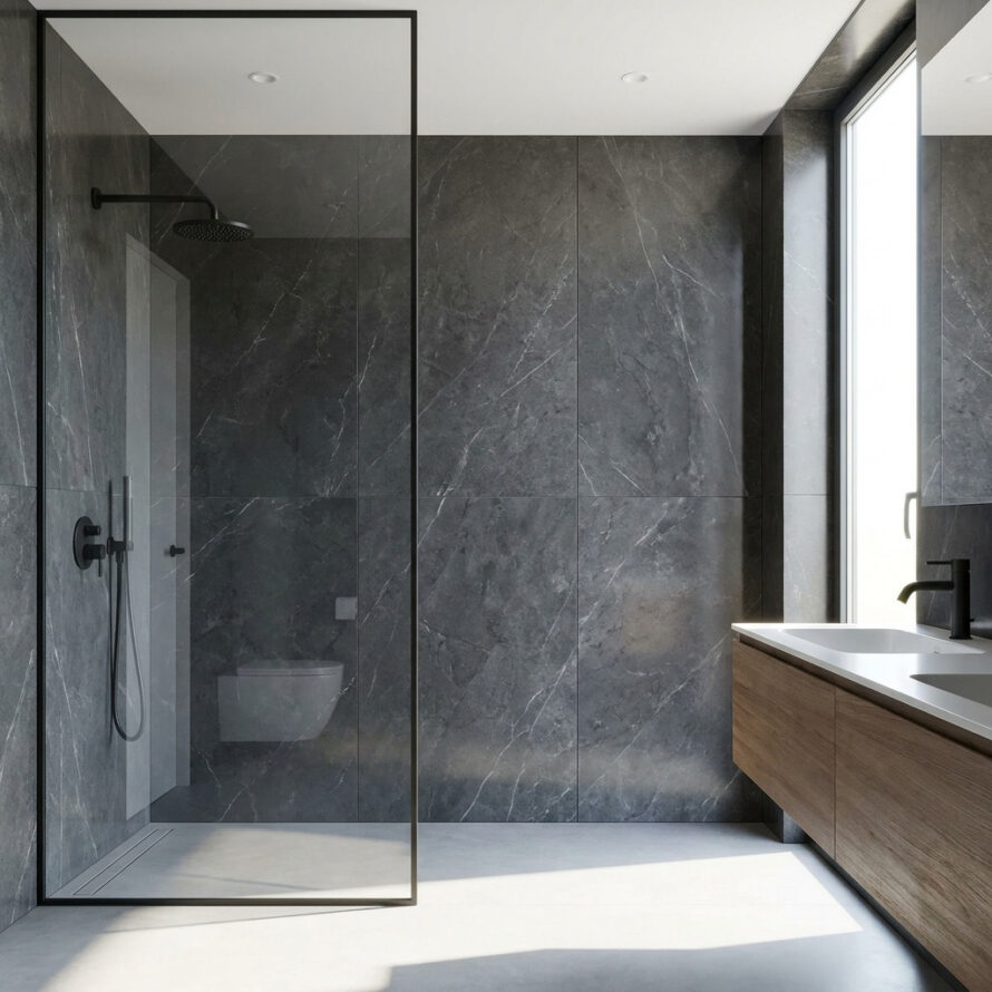 Luxe badkamer met donkere wandpanelen, inloopdouche en moderne afwerking.