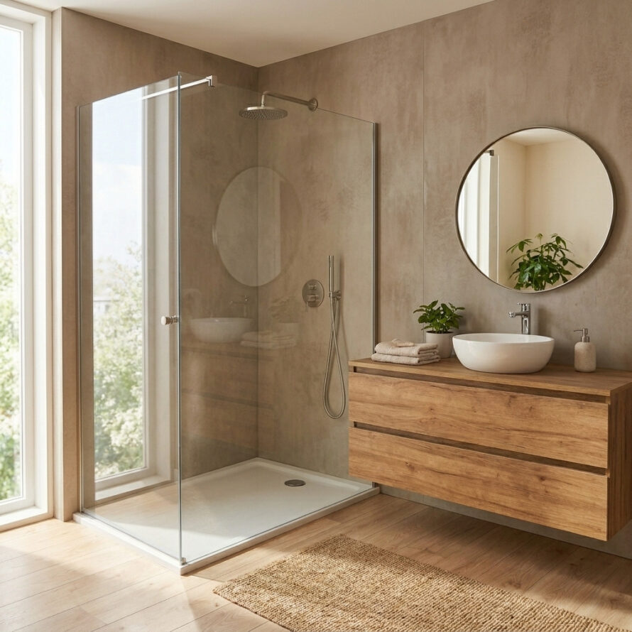 Luxe badkamer met beige wandpanelen, houten wastafelmeubel, ronde spiegel en inloopdouche.