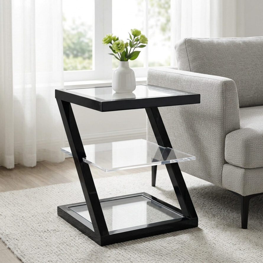 Moderne bijzettafel van plexiglas met zwart metalen Z-vormig frame