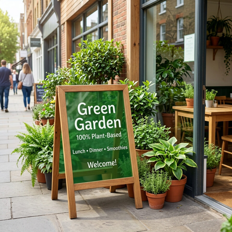 Groen houten stoepbord met krijtbordlook voor Green Garden met vegetarische gerechten en terras.
